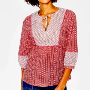 Boden Cora Top Gauzy Tie Neck Red Orange Peasant Top Size 2 Stars Bohemian